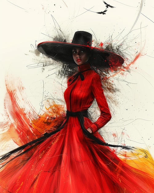 Illustration de mode d'une femme dans une robe et un chapeau rouges