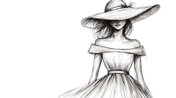 Une illustration de mode d'une femme dans une robe élégante et un grand chapeau