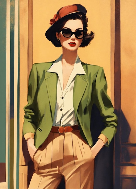 Une illustration de mode d'inspiration vintage mettant en vedette un ensemble chic avec des pantalons à taille haute et un t