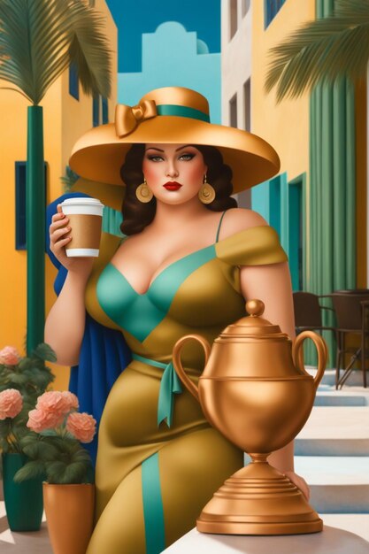 illustration d'un modèle féminin voluptueux ayant un latte macchiato se détendre en plein air au bord de la piscine dans une villa