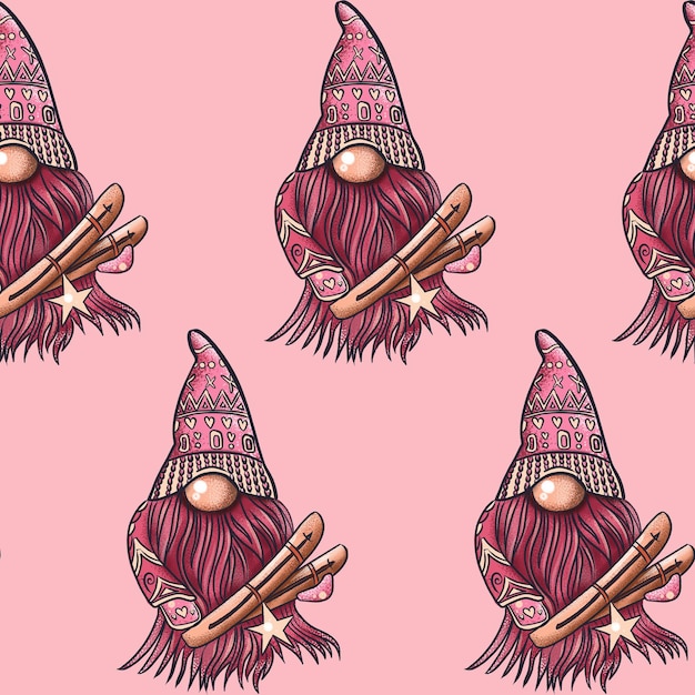 Illustration de modèle sans couture d'un gnome avec une barbe dans un chapeau nouvel an et symbole de noël sur un