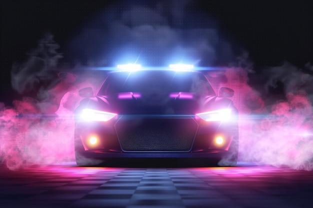 Photo illustration moderne 3d détaillée des phares led de voiture avec effet de brouillard sur fond transparent lampes de véhicule brillantes et transport de fumée la nuit isolées sur fond transparent