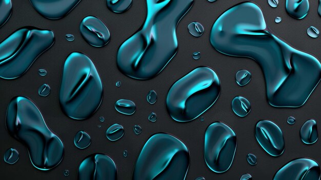 Une illustration moderne 3D réaliste de gouttes d'eau de condensation sur un fond noir Réflexions légères de gouttelettes de pluie sur des surfaces sombres Textures humides abstraites répandues en gouttelets d'eau pures Une 3D réalisate