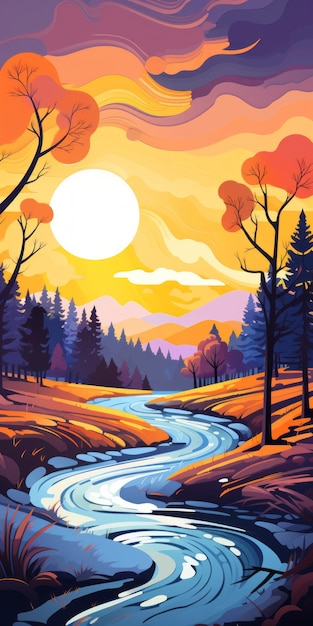 Une illustration moderne et colorée d'une rivière avec des forêts et des dunes