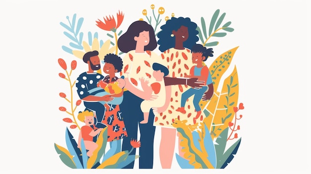 Illustration moderne d'une composition familiale diversifiée avec des bébés C'est une illustration minimale de style plat