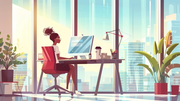 Illustration moderne de dessin animé d'une femme travaillant dans un bureau de loft ou un espace de coworking avec un ordinateur et une tasse de café La fille développe un projet d'art devant une fenêtre de plafond au