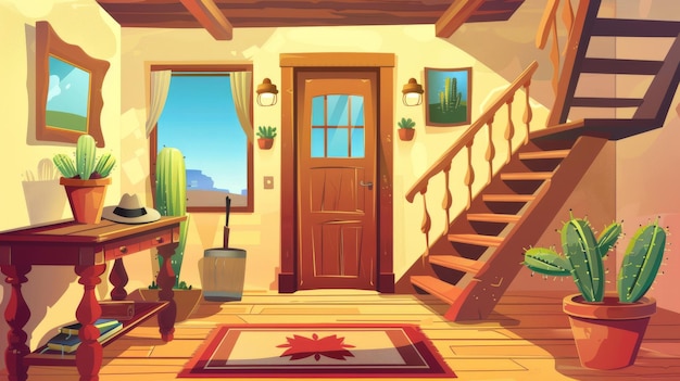 Cette illustration moderne de dessin animé montre un intérieur d'entrée de couloir de maison rustique avec des escaliers en bois et des meubles. L'appartement a un couvercle de porte, un chapeau de cow-boy sur la table et une image d'un