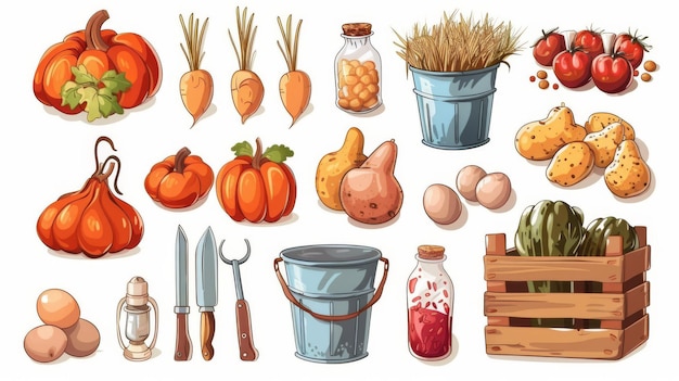 Une illustration moderne de dessin animé d'un seau de citrouille de pommes de terre une caisse en bois de tomates des œufs un pot en verre d'instruments d'élevage de confiture et une botte de foin isolée sur blanc