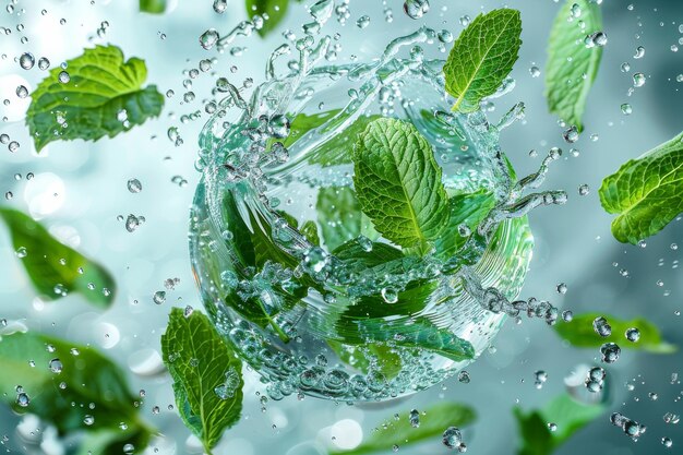 Photo illustration moderne d'un léger flux d'air avec des bulles de fraîcheur et de menthe splash de feuilles de menthe volantes donnant une saveur de menthol