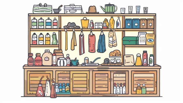 L'illustration moderne d'un mini-magasin vendant des marchandises du marché aux puces est plate dans la conception