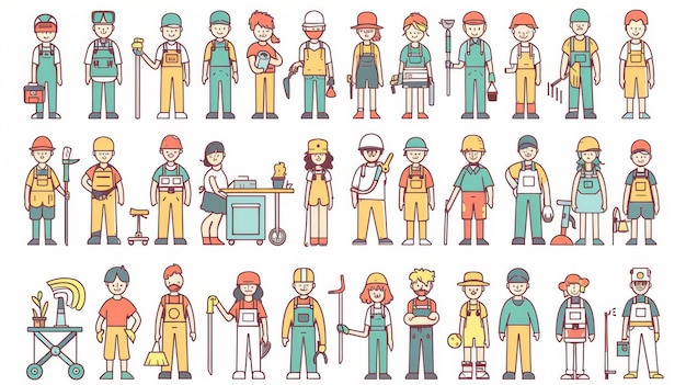 Une illustration moderne minimale de personnages de différentes professions dans un style de conception plat