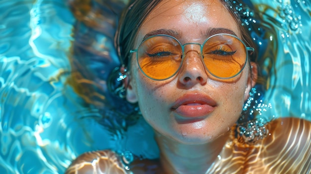 Cette illustration moderne montre une fille avec des lunettes nageant dans la piscine alors qu'elle est en vacances parmi les palmiers