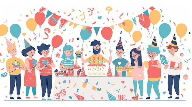 Illustration moderne de personnes qui font une fête d'anniversaire