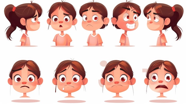 Illustration moderne d'une petite fille avec des positions de lèvres différentes lors de la prononciation des lettres de l'alphabet anglais ainsi que des émotions tristes et en colère pendant la pronunciation
