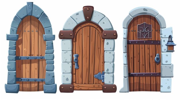 Cette illustration moderne présente un ensemble de portes en bois historiques isolées sur un fond blanc, y compris un porche en pierre, une porte d'arc avec une porte verrouillée et une poignée de fer.