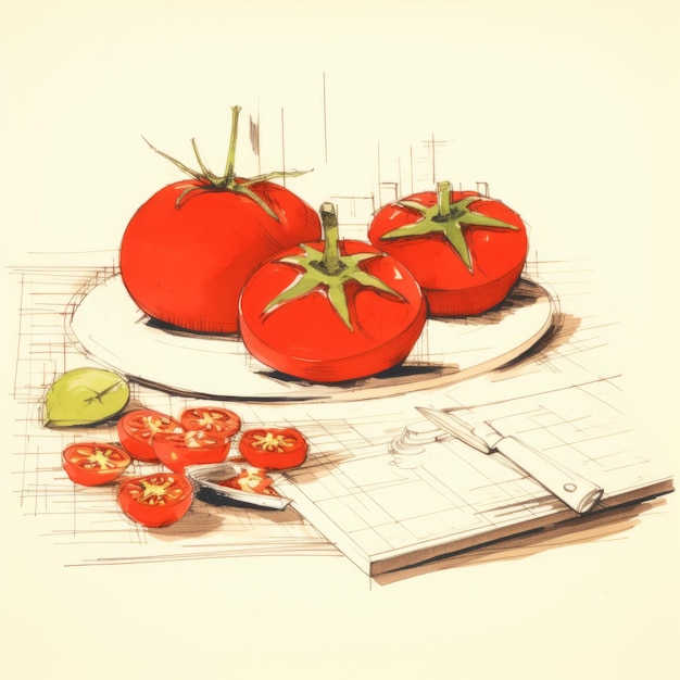 Illustration moderniste dessinée à la main de tomates sur un bar