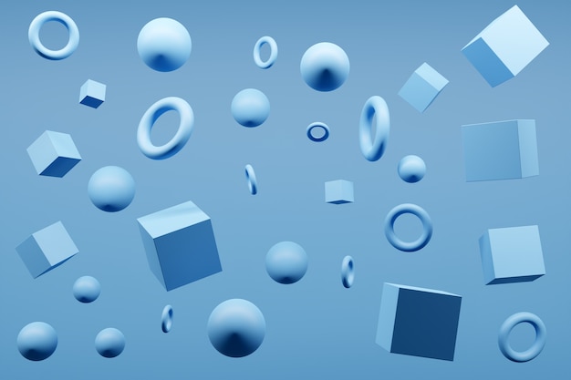 Photo illustration de monocrome bleu 3d gros plan. différentes formes géométriques: cube, cylindre, sphère sont placées à la même distance. formes géométriques simples volant