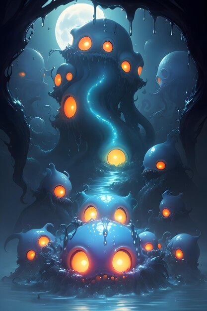 Illustration d'un monstre visqueux extraterrestre dans un arrière-plan d'illustration de papier peint de grotte sombre