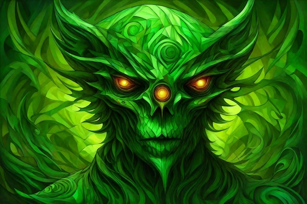 Illustration d'un monstre avec des yeux verts et des cheveux verts Fantasy