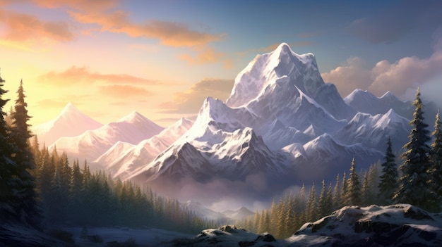 une illustration d'une montagne enneigée avec des pins