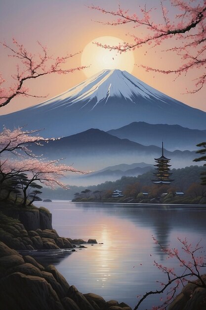 Photo illustration d'une montagne sur un fond de sakura et de lumière du soleil