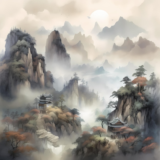 illustration de montagne de fond de style chinois aquarelle IA générative