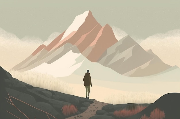 Illustration de montagne de paysage de voyage minimal ai générative avec un voyageur de l'esprit d'aventure marchant