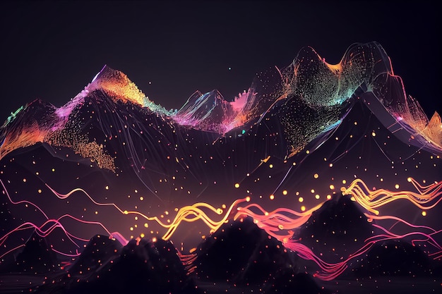 Illustration de montagnes aux couleurs néon sur fond sombre AI