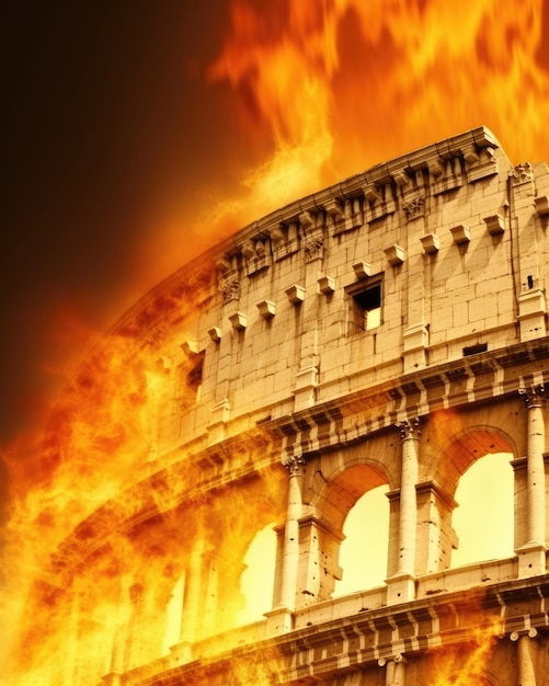 Une illustration montrant le Colisée romain englouti par les flammes