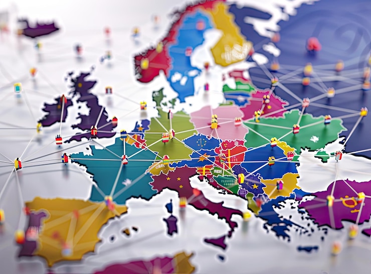 Photo une illustration montrant des drapeaux européens superposés à une carte
