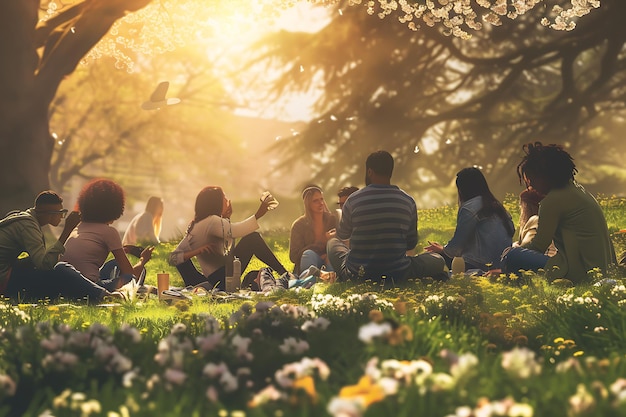 Une illustration montrant un groupe diversifié qui profite du printemps