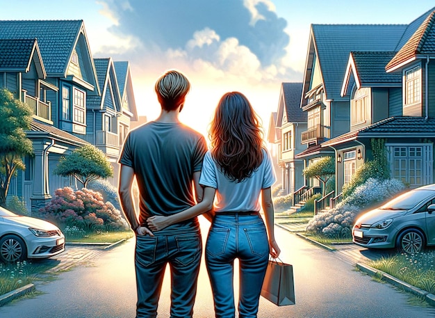 illustration montrant un jeune couple marié en train de choisir et d'acheter une maison