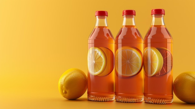 Une illustration montrant trois bouteilles de thé au citron glacé différentes Une bouteille a une étiquette de marque une autre ne l'a pas et une autre n'a pas d'étiquette