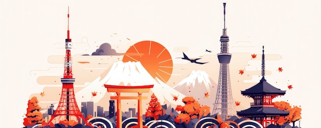 Photo une illustration des monuments japonais de la tour de tokyo et de la porte torii avec le soleil en couleur orange et des motifs d'ondes sur un fond blanc dans un design plat simple avec des couleurs émoussées