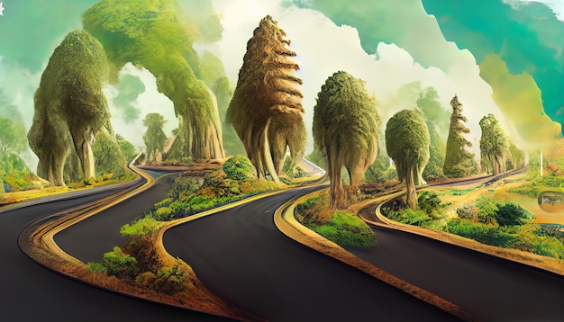 Illustration d'un morceau de route d'autoroute verte isolé des arbres de conception de voyages et de tourisme créatifs tout-terrain