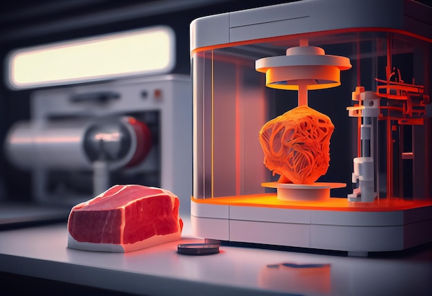Illustration de morceaux de viande de culture crue en laboratoire cultivés dans un incubateur ai