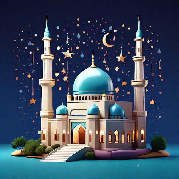 Illustration de mosquée 3D décorée de nombreuses étoiles suspendues générée par l'IA