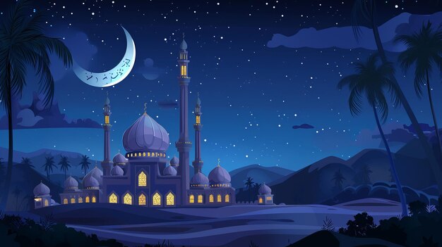 Une illustration d'une mosquée à dôme la nuit avec le clair de lune sur un fond avec un espace de copie pour l'islam