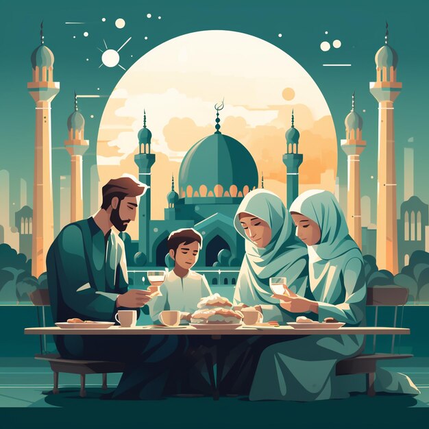Une illustration de la mosquée du ramadan avec la famille