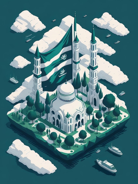 Une illustration d'une mosquée sur une île avec des nuages et un drapeau.