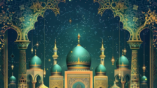 Illustration de la mosquée en vert et en or sur le côté inférieur avec une police à thème arabe