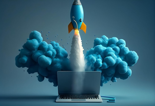 Illustration de la mouche de fusée du concept de démarrage d'entreprise d'ordinateur portable sur fond bleu ai