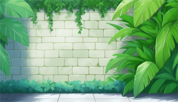 Illustration d'un mur de pierre avec des plantes vertes en arrière-plan