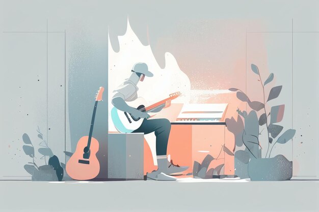 Illustration d'un musicien jouant de la guitare et chantant sur scène Créé avec la technologie Generative AI