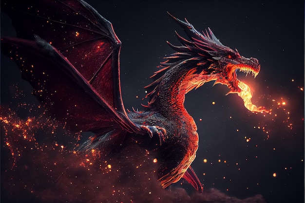 Photo illustration d'un mystérieux dragon de feu sur fond noir ai