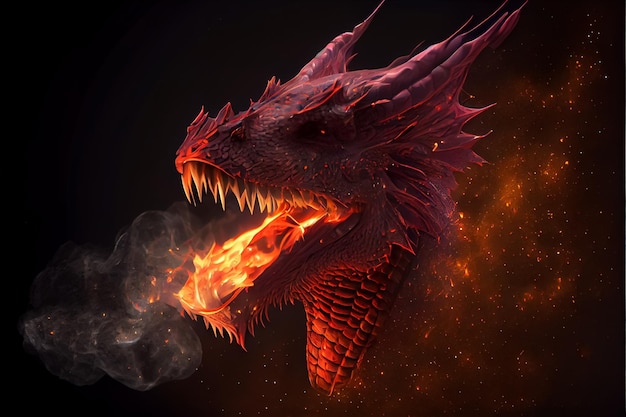 Illustration d'un mystérieux dragon de feu sur fond noir AI