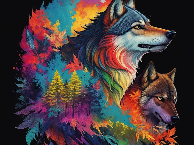 Illustration de la nature avec le loup coloré IA générative