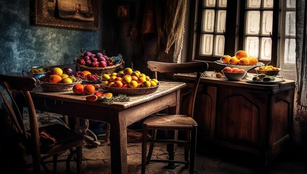 Illustration de nature morte avec des fruits sur une table en bois cuisine rustique dans des tons dramatiques générateur d'IA