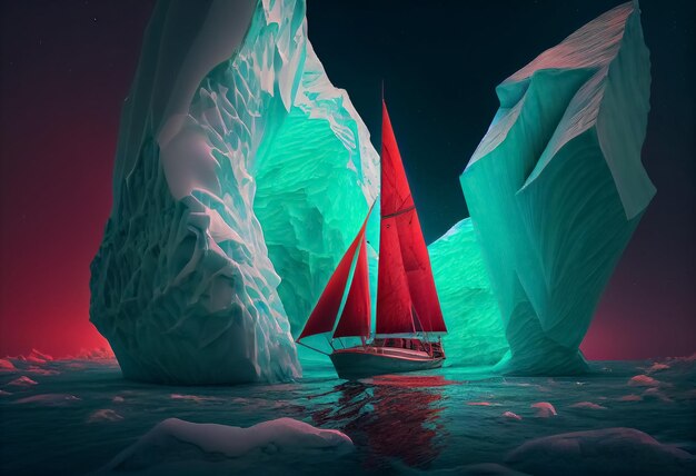 Illustration d'un navire avec des lignes rouges en mer entre les glaciers la nuit et le ciel avec les aurores boréales