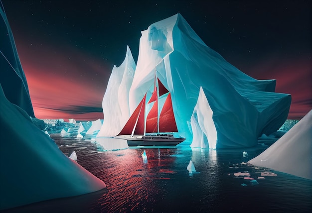 Illustration d'un navire avec des voiles rouges en mer entre les glaciers la nuit et le ciel avec le nord